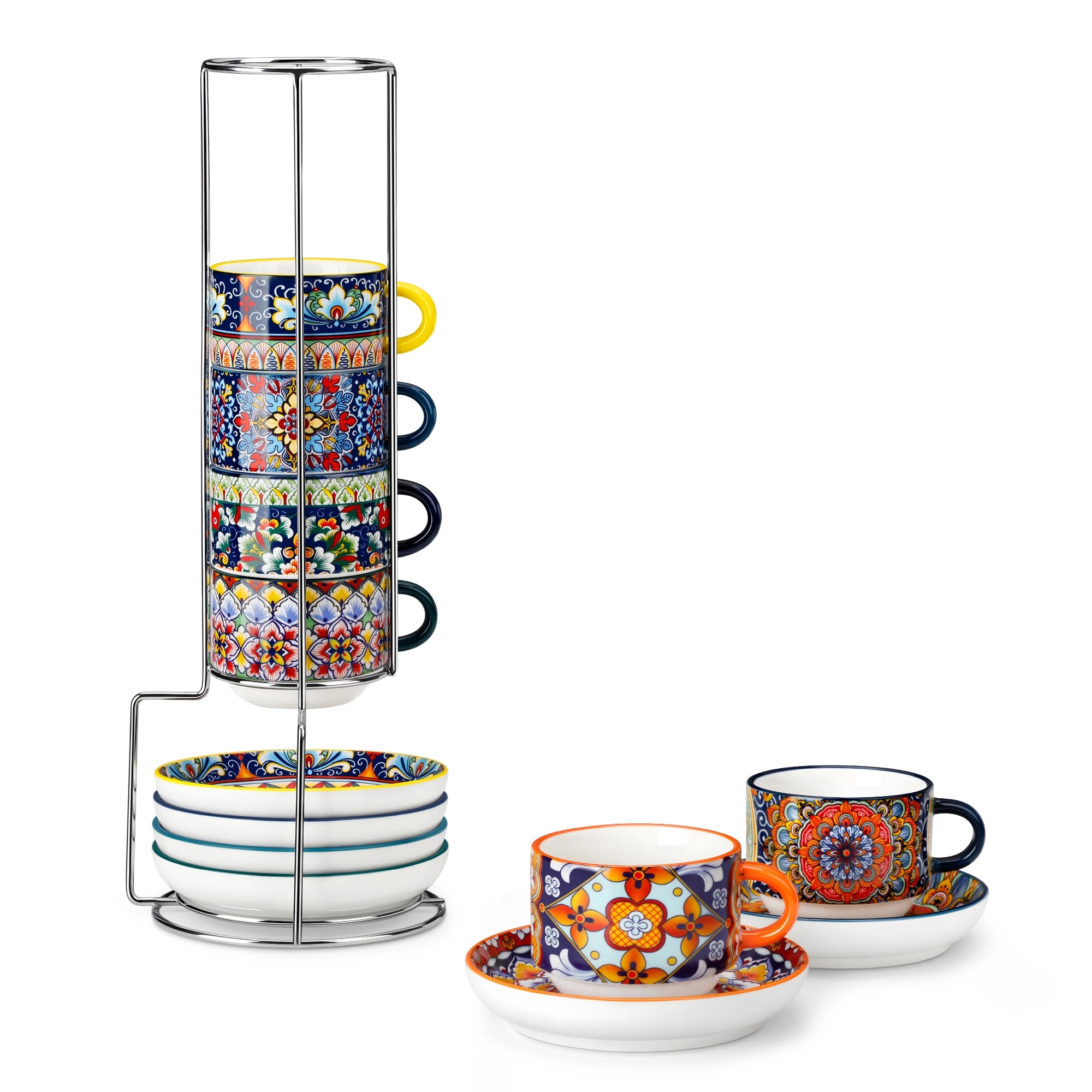 Simi 12 piece porcelain cafe set with 5oz flat white cups and saucers in vibrant boho chic floral patterns on a black metal storage rack with a magazine and napkin on a wooden table