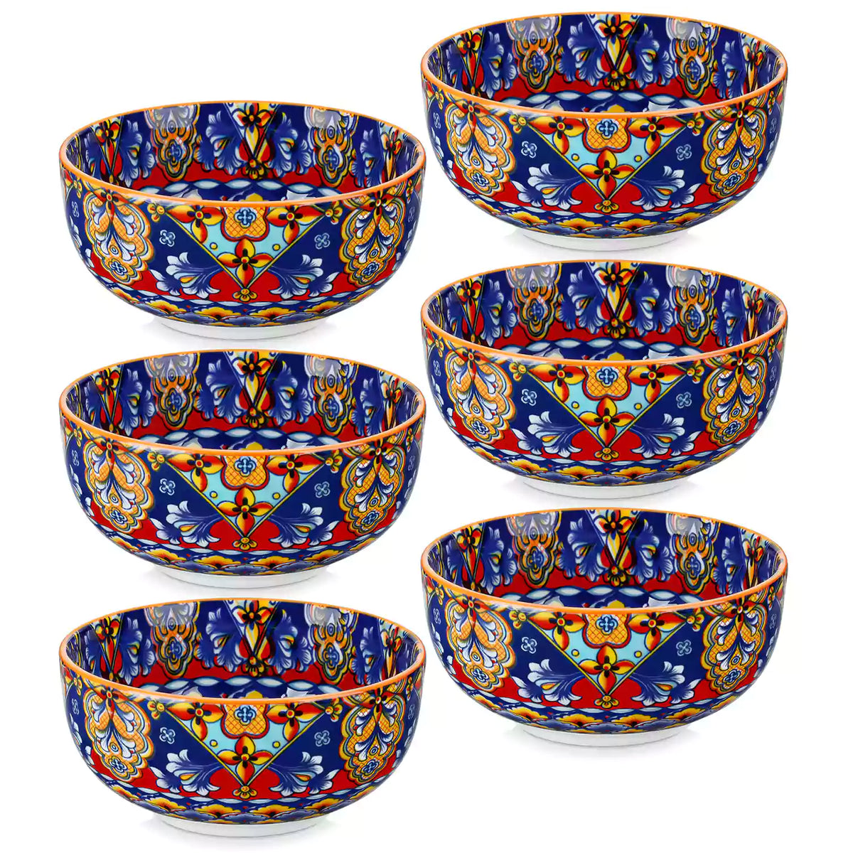 The Simi Set of 6 Double-Sided Stoneware Bowls by vancasso features a stylish boho chic design in flame red