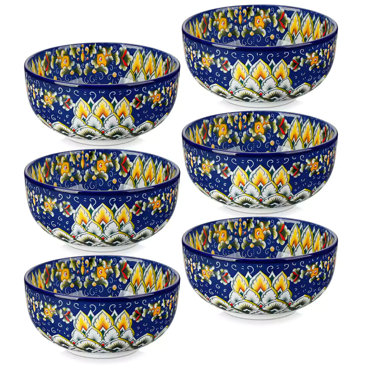 The Simi Set of 6 Double-Sided Stoneware Bowls by vancasso features a stylish boho chic design in navy blue