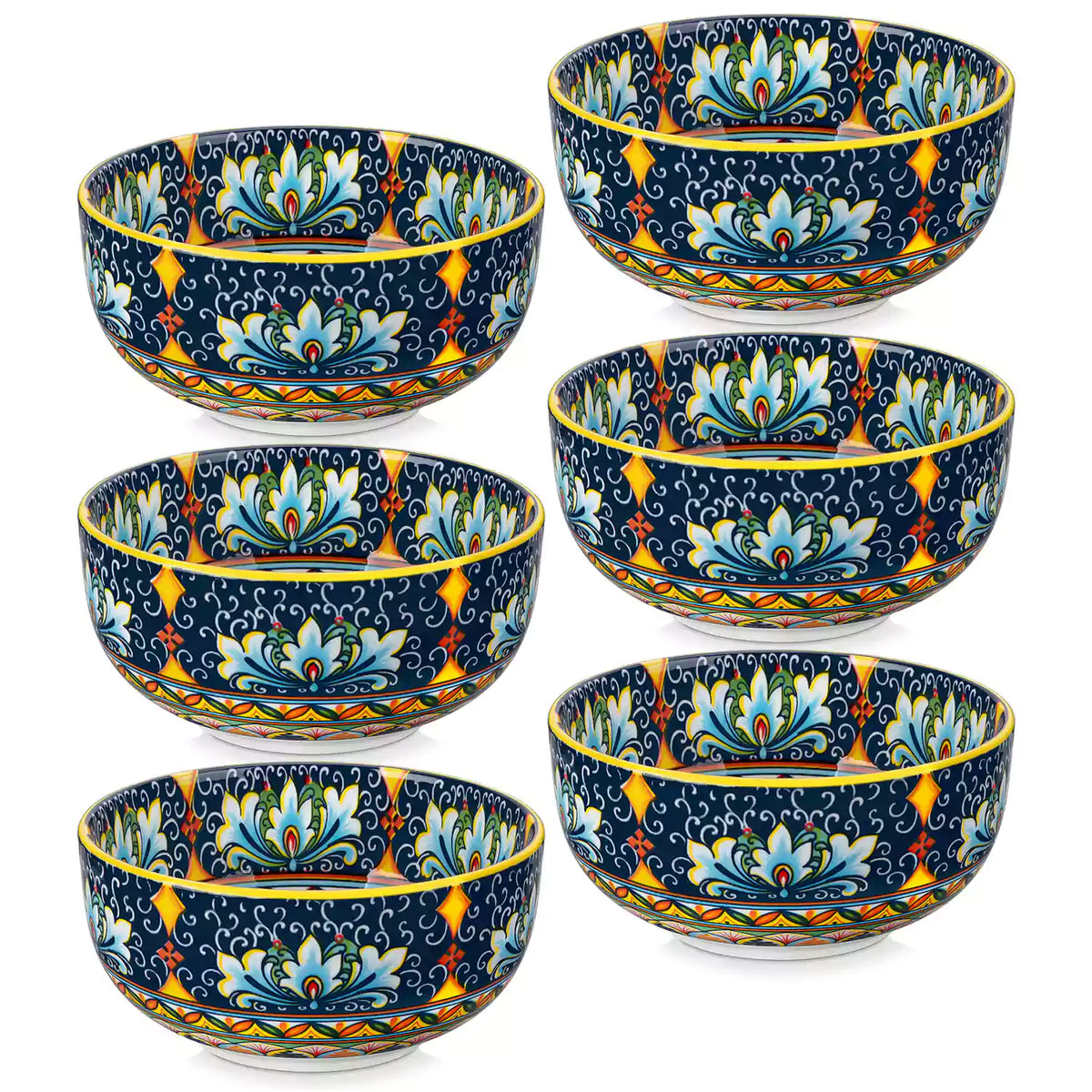 The Simi Set of 6 Double-Sided Stoneware Bowls by vancasso features a stylish boho chic design in bright yellow