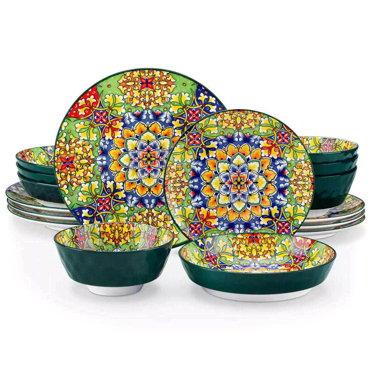 Boho Chic Simi 16-Piece Porcelain Dinnerware Set in Forest Green with Embossed Cereal Bowls