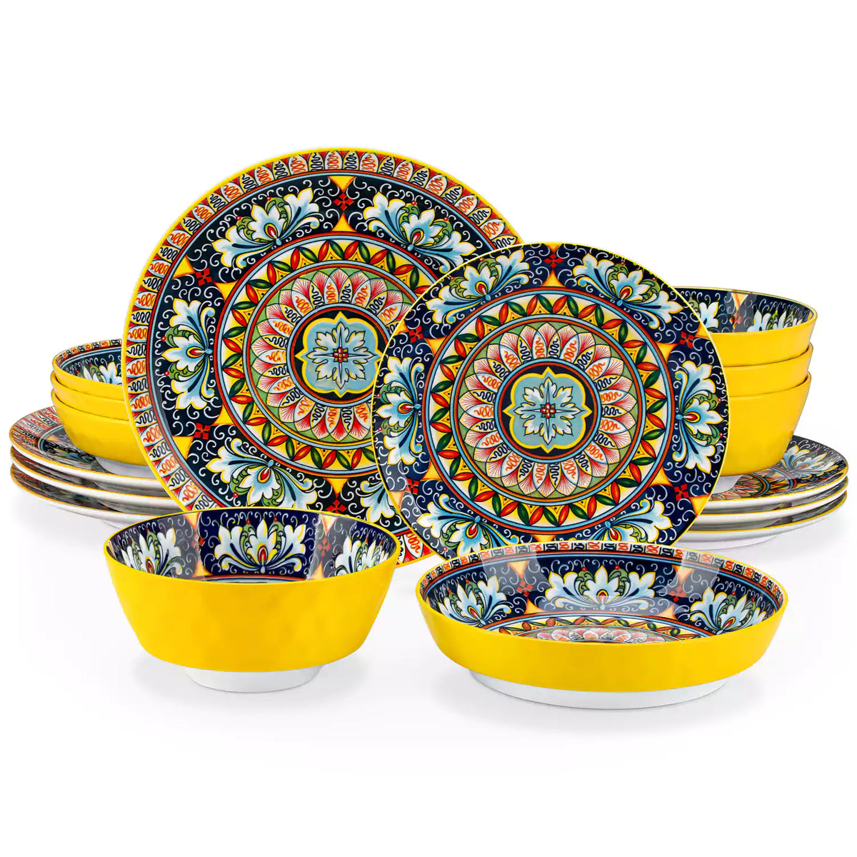 Boho Chic Simi 16-Piece Porcelain Dinnerware Set in Vibriant Yellow with Embossed Cereal Bowls