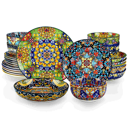 vancasso Simi 24-Piece Dinnerware Set With Double-Sided Bowls, Showcasing Vibrant Bohemian Patterns For An Elegant And Versatile Table Setting. 1500