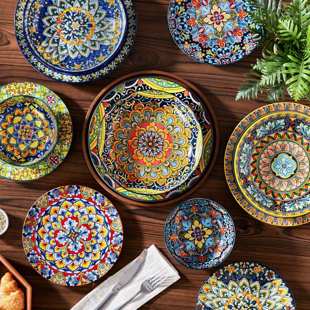 vancasso Simi 24-Piece Dinnerware Set With Double-Sided Bowls, Showcasing Vibrant Bohemian Patterns For An Elegant And Versatile Table Setting.