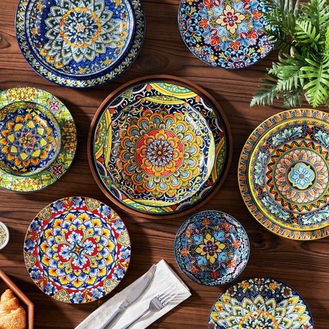 vancasso Simi 24-Piece Dinnerware Set With Double-Sided Bowls, Showcasing Vibrant Bohemian Patterns For An Elegant And Versatile Table Setting.