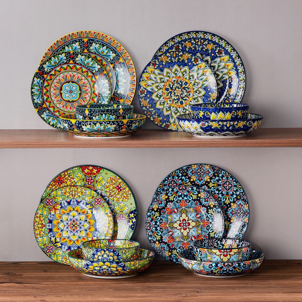 vancasso Simi 24-Piece Dinnerware Set With Double-Sided Bowls, Showcasing Vibrant Bohemian Patterns For An Elegant And Versatile Table Setting.