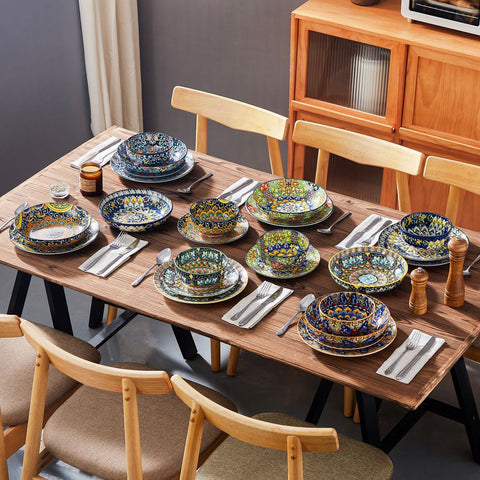 vancasso Simi 24-Piece Dinnerware Set With Double-Sided Bowls, Showcasing Vibrant Bohemian Patterns For An Elegant And Versatile Table Setting.