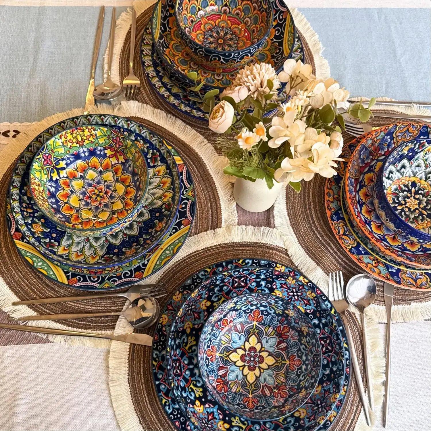 vancasso Simi 24-Piece Dinnerware Set With Double-Sided Bowls, Showcasing Vibrant Bohemian Patterns For An Elegant And Versatile Table Setting.