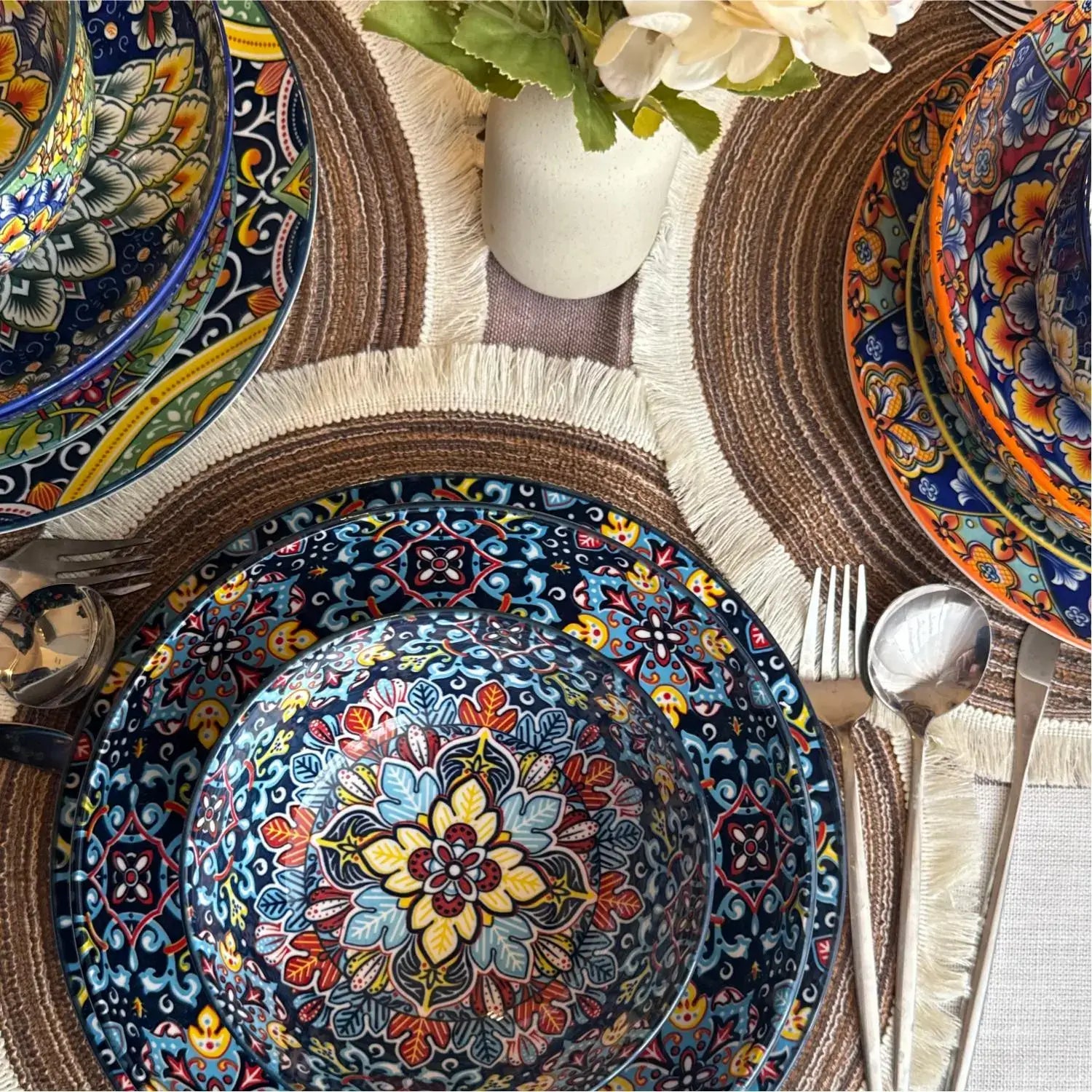 vancasso Simi 24-Piece Dinnerware Set With Double-Sided Bowls, Showcasing Vibrant Bohemian Patterns For An Elegant And Versatile Table Setting.