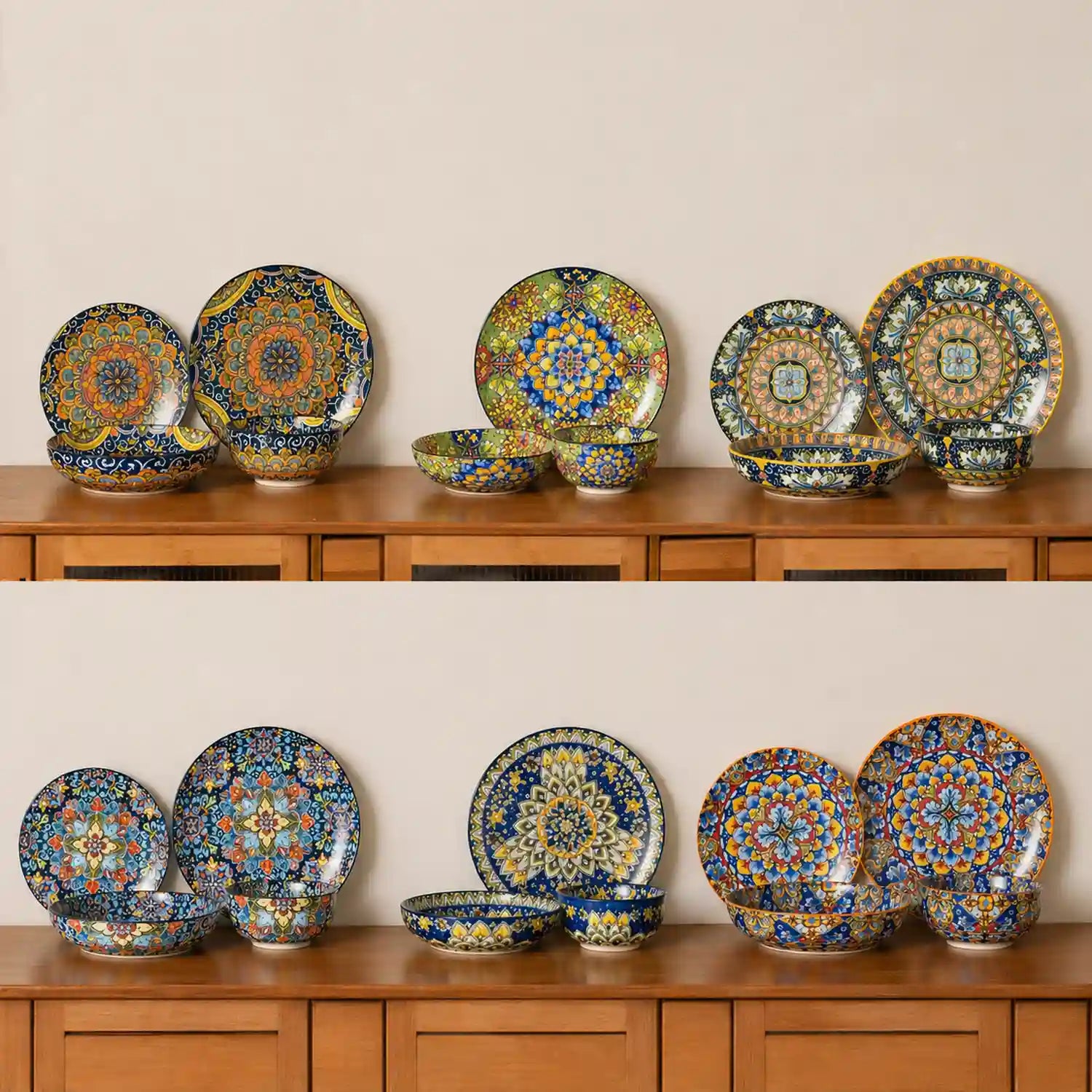 vancasso Simi 24-Piece Dinnerware Set With Double-Sided Bowls, Showcasing Vibrant Bohemian Patterns For An Elegant And Versatile Table Setting.