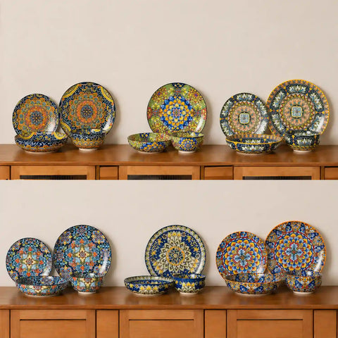 vancasso Simi 24-Piece Dinnerware Set With Double-Sided Bowls, Showcasing Vibrant Bohemian Patterns For An Elegant And Versatile Table Setting.
