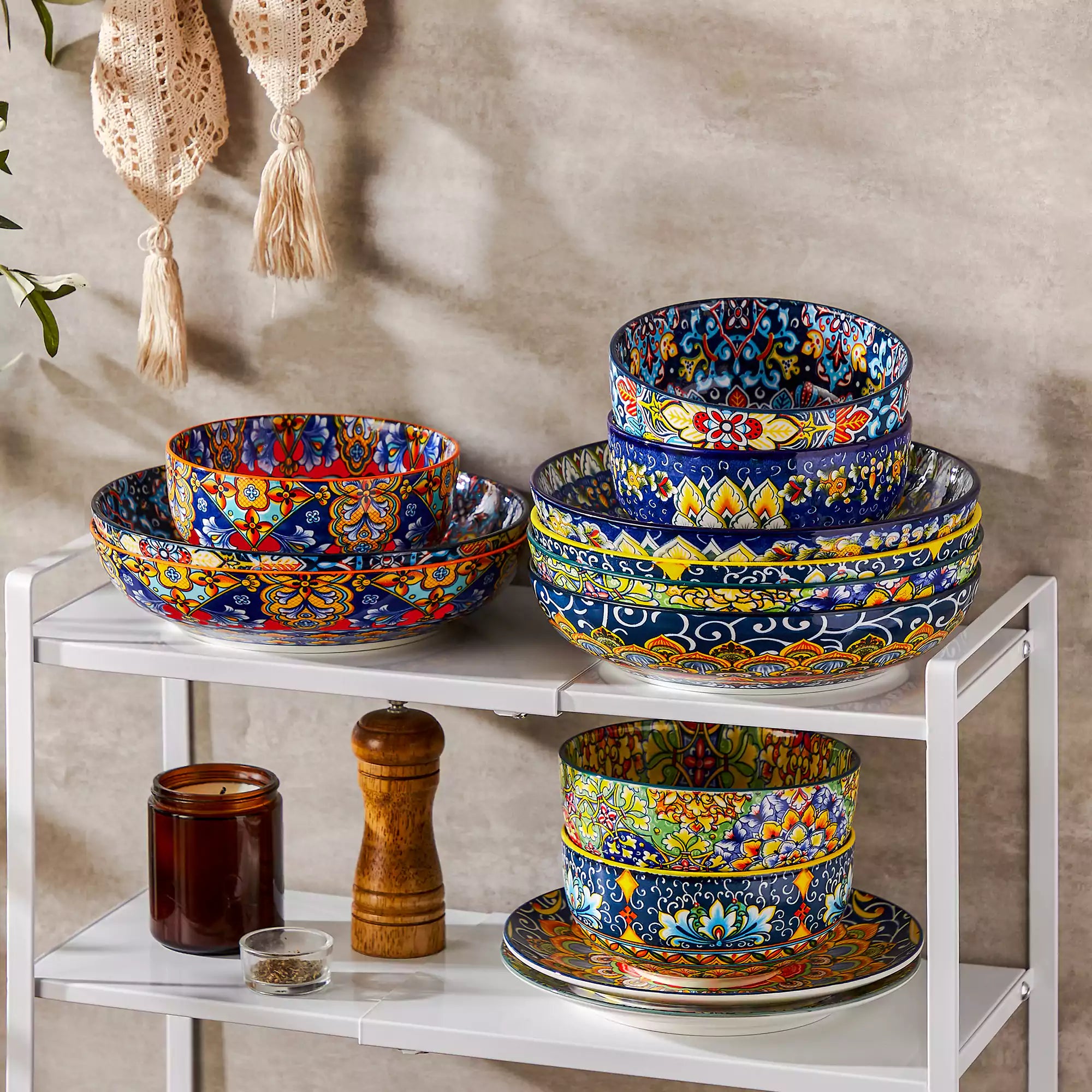 Boho chic porcelain pasta bowls set of 6 with colorful cherry tomatoes and lemons on a wooden surface-vancasso