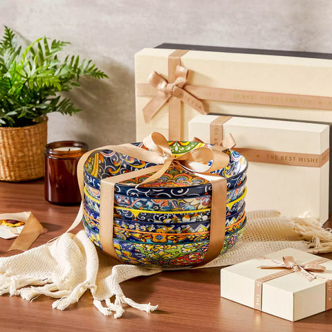 Boho chic porcelain pasta bowls set of 6 with colorful cherry tomatoes and lemons on a wooden surface-vancasso