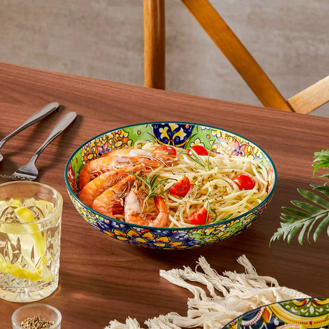 Boho chic porcelain pasta bowls set of 6 with colorful cherry tomatoes and lemons on a wooden surface-vancasso