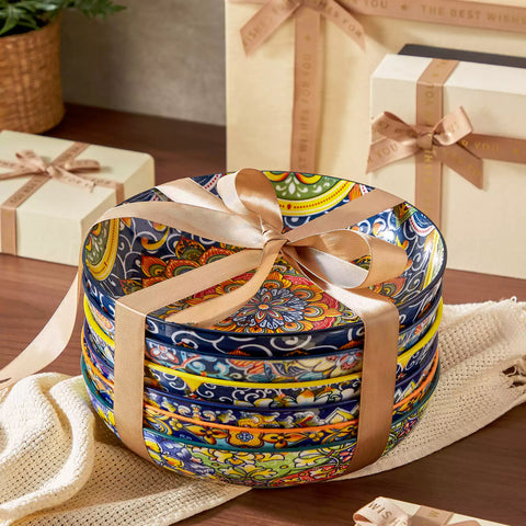 Boho chic porcelain pasta bowls set of 6 with colorful cherry tomatoes and lemons on a wooden surface-vancasso