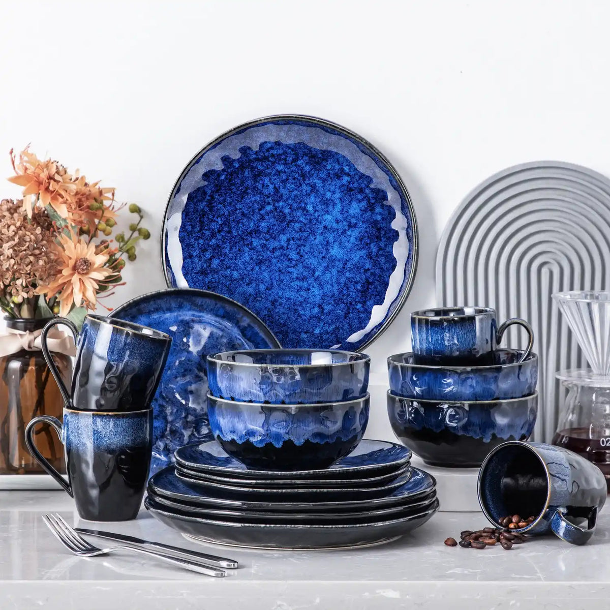 Glossy Stoneware Dinnerware Set 16 Piece Reactive Glaze Starry Collection Vancasso