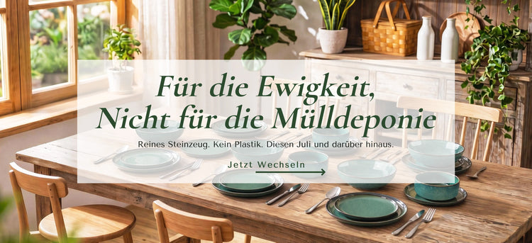  Starry grünes Steingut 24-teiliges Geschirrset komplett gedeckter Tisch sonniges Esszimmer mit Pflanzen und Picknickkorb