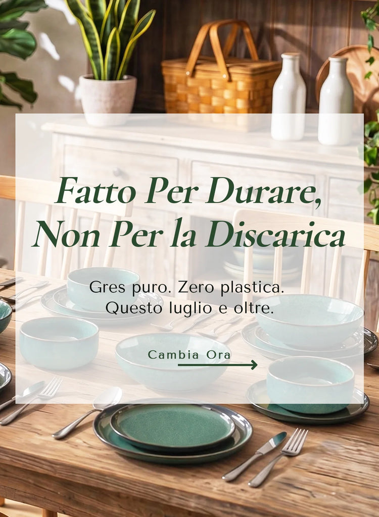 Starry servizio piatti gres verde ciotole e piatti impilati tavolo rustico con piante e cesto da picnic