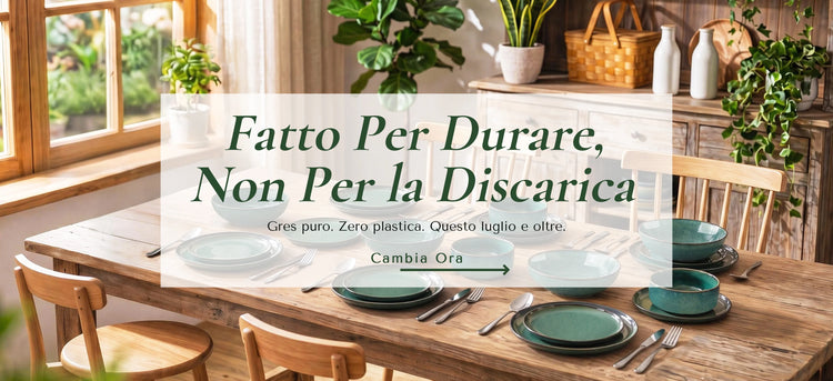 Starry servizio piatti gres verde 24 pezzi tavola completa sala da pranzo soleggiata con piante e cesto da picnic