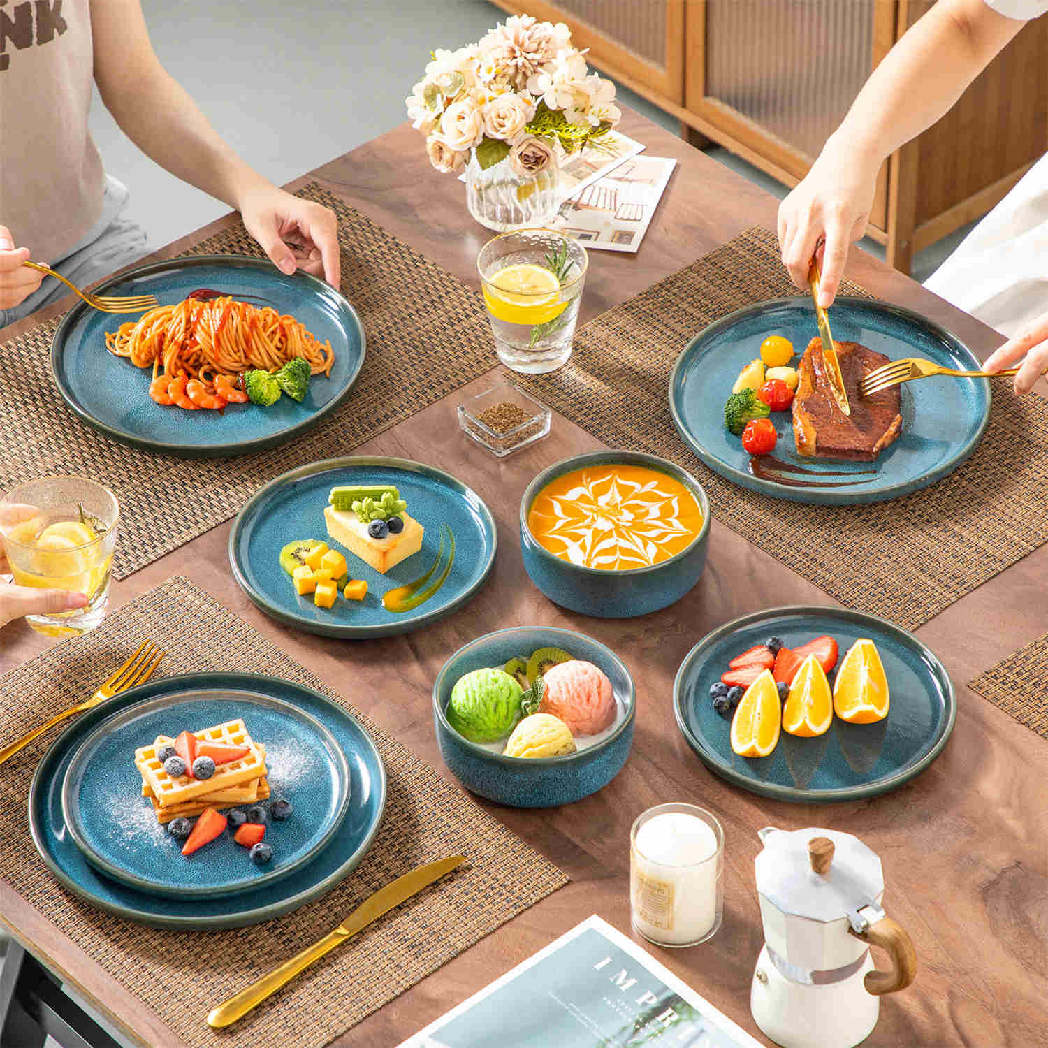 Vega 18-Piece Stoneware Dinnerware Set Unique Reactive Glaze