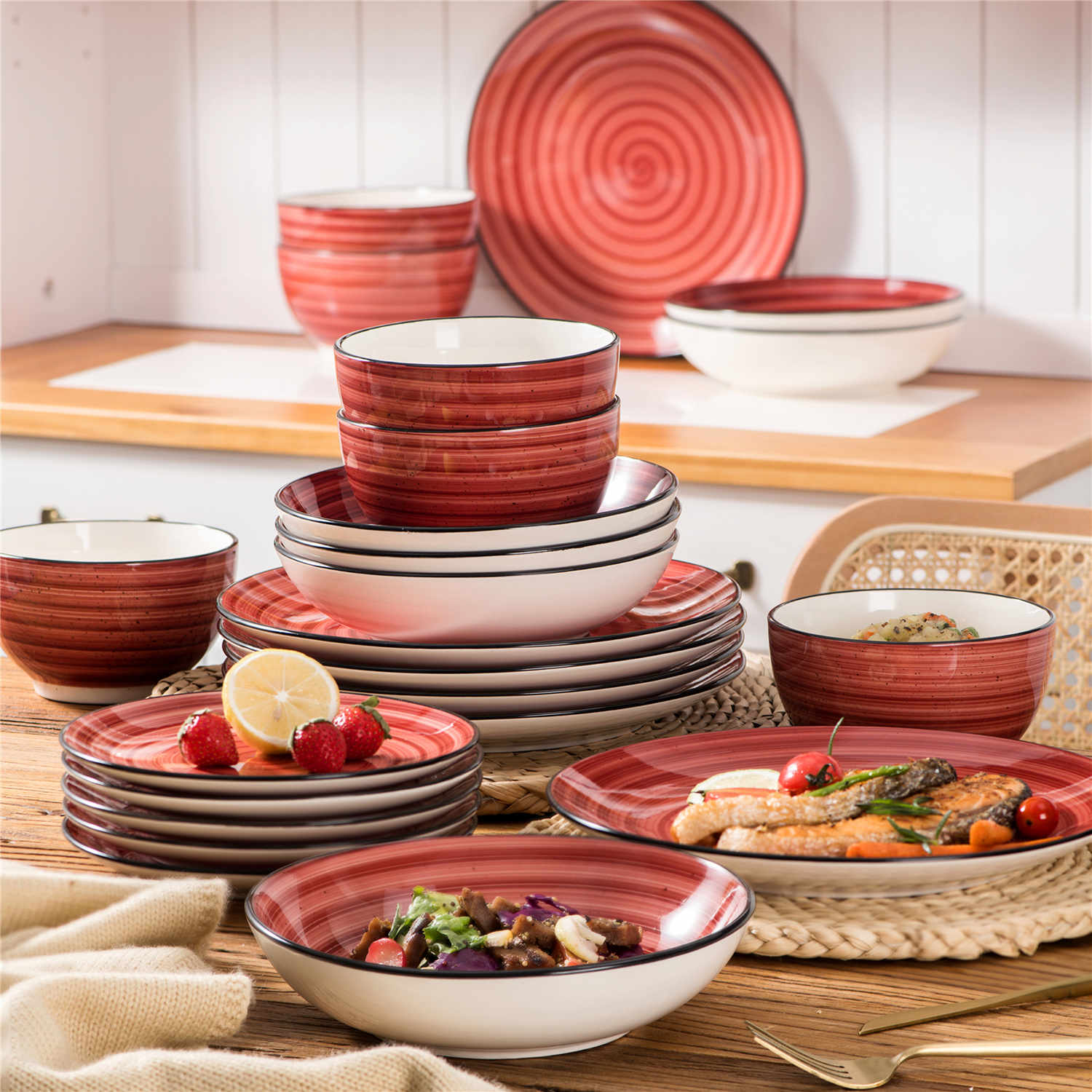 Set de 2 maniques de cuisine beige et rouge en coton Set de 2 maniques de cuisine beige et rouge en coton