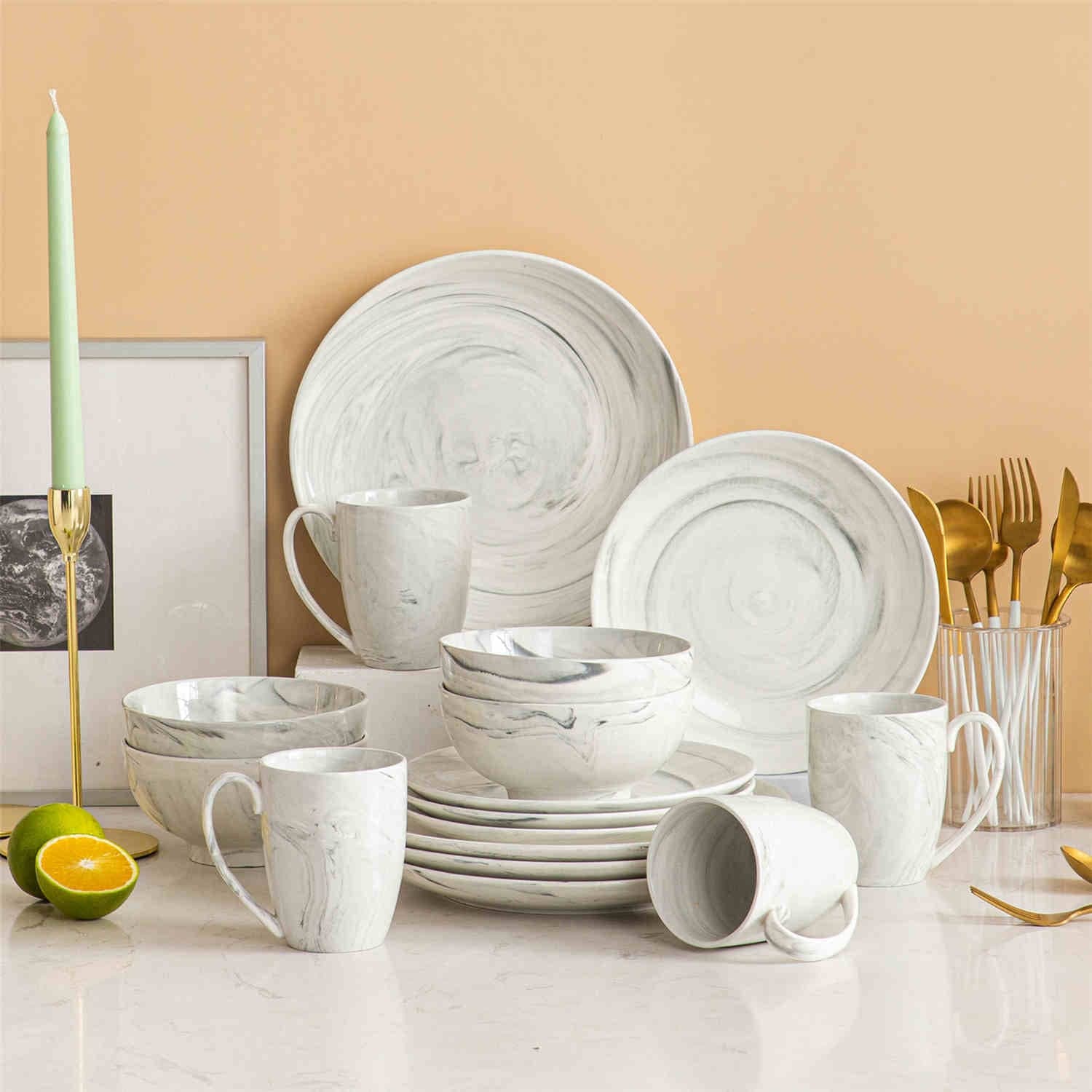 Porcelain Dinnerware 16 Piece Set with Marble Design - Main Image