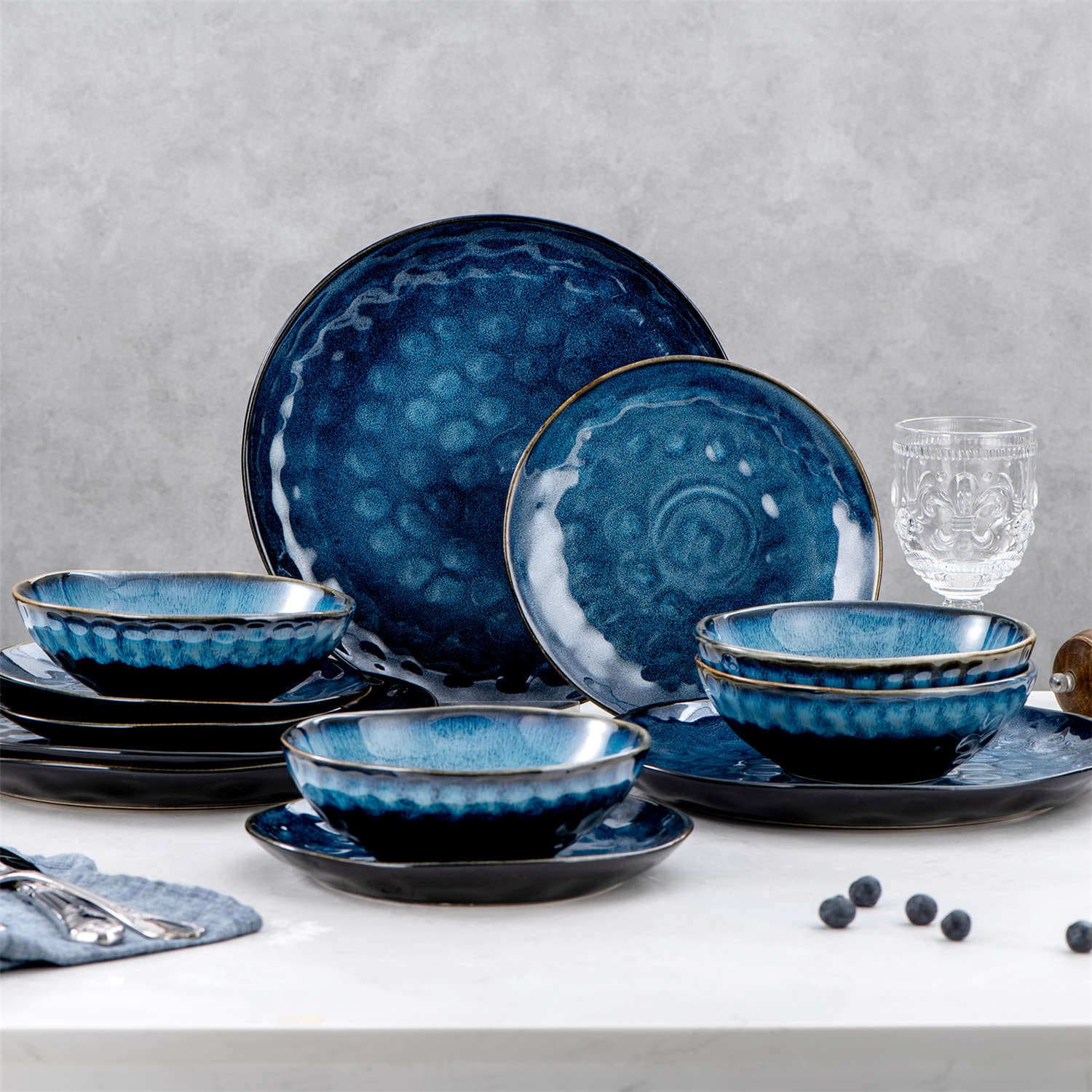 Vancasso Starry 12 Pieces Blue Dinnerware Set, Reactive Change Glaze Dinner Set, Plates and Bowls Set