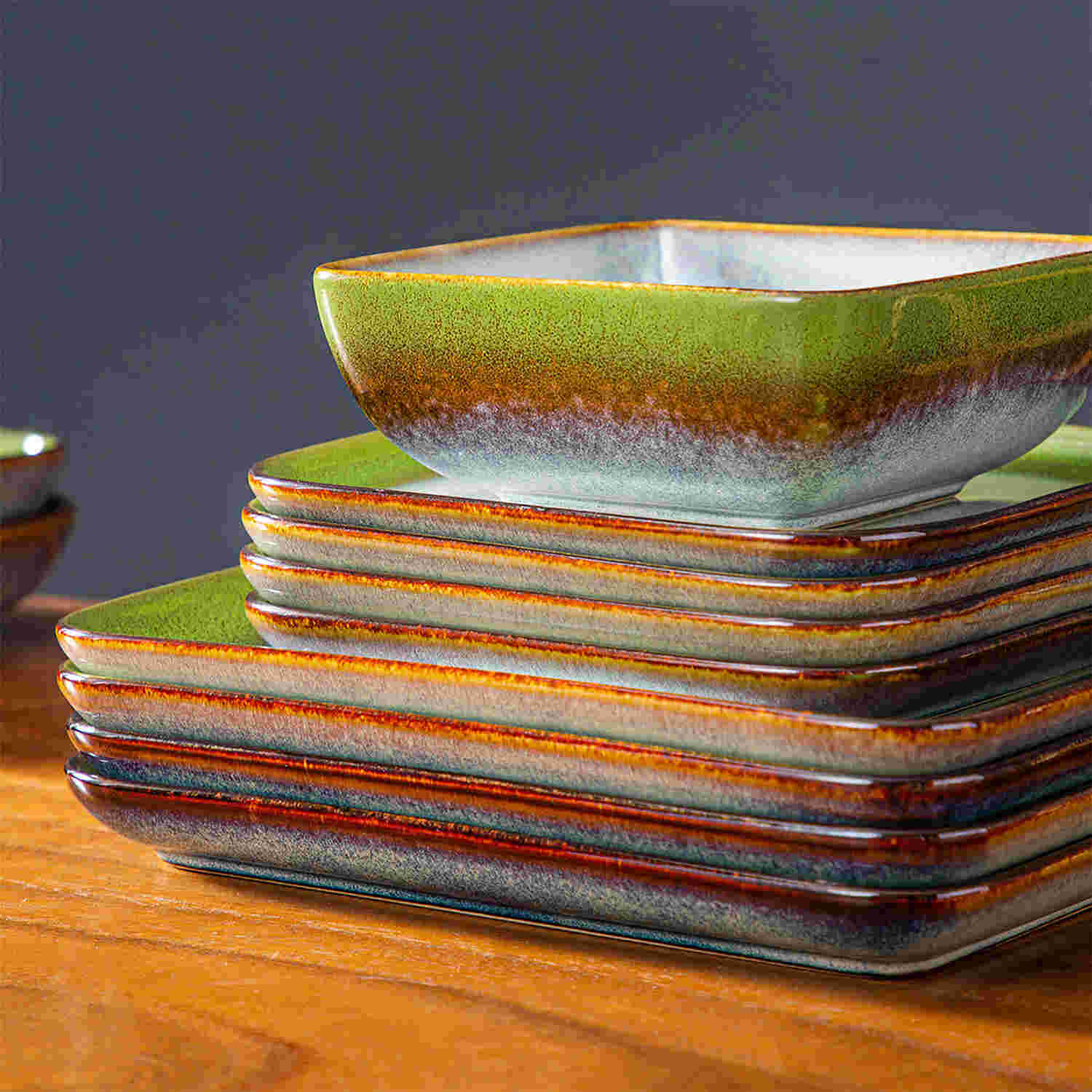 Square Tableware Reactive Glaze Square Dinnerware Set | Stern 16 Piece Stoneware Set ...