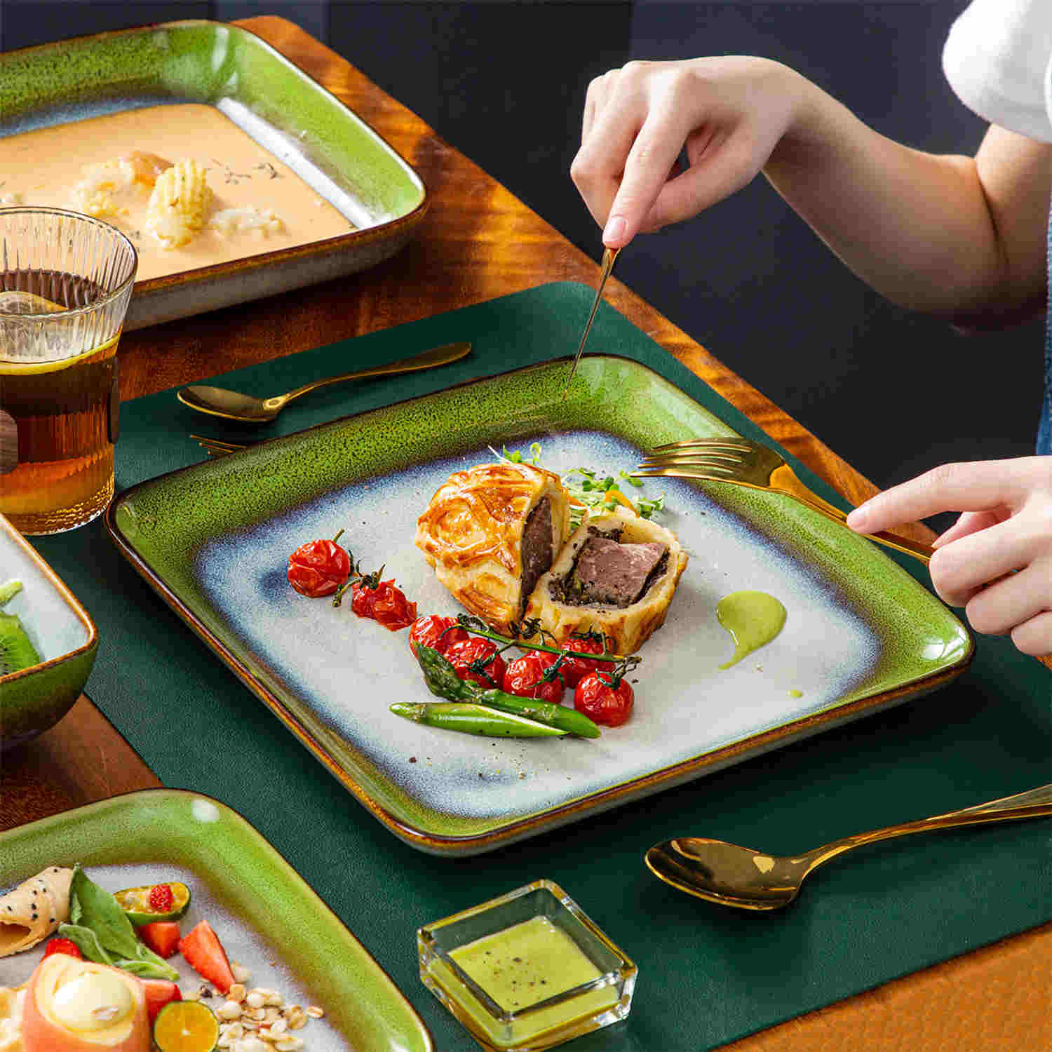 Square Tableware Reactive Glaze Square Dinnerware Set | Stern 16 Piece Stoneware Set ...
